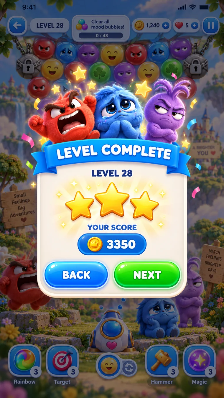 MoodMatch level complete screen with three stars