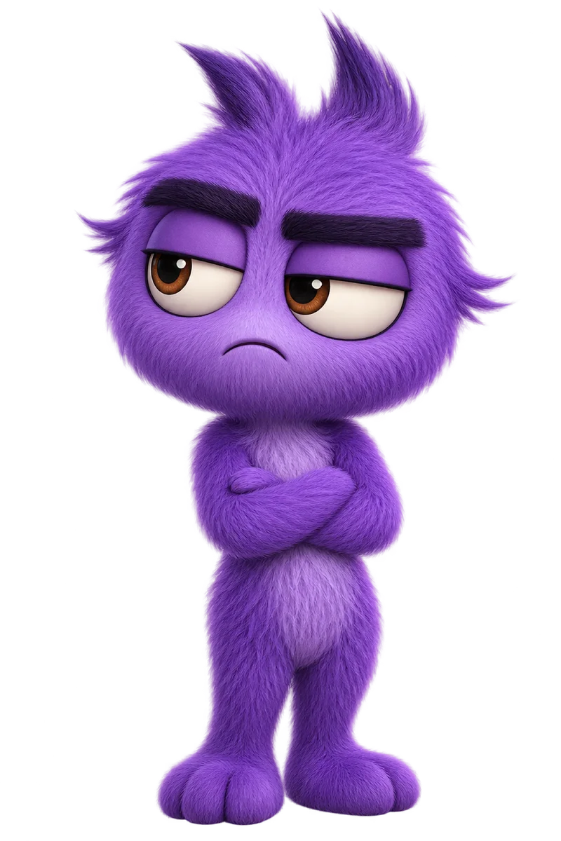 Purple MoodMatch character with a bored, unimpressed expression